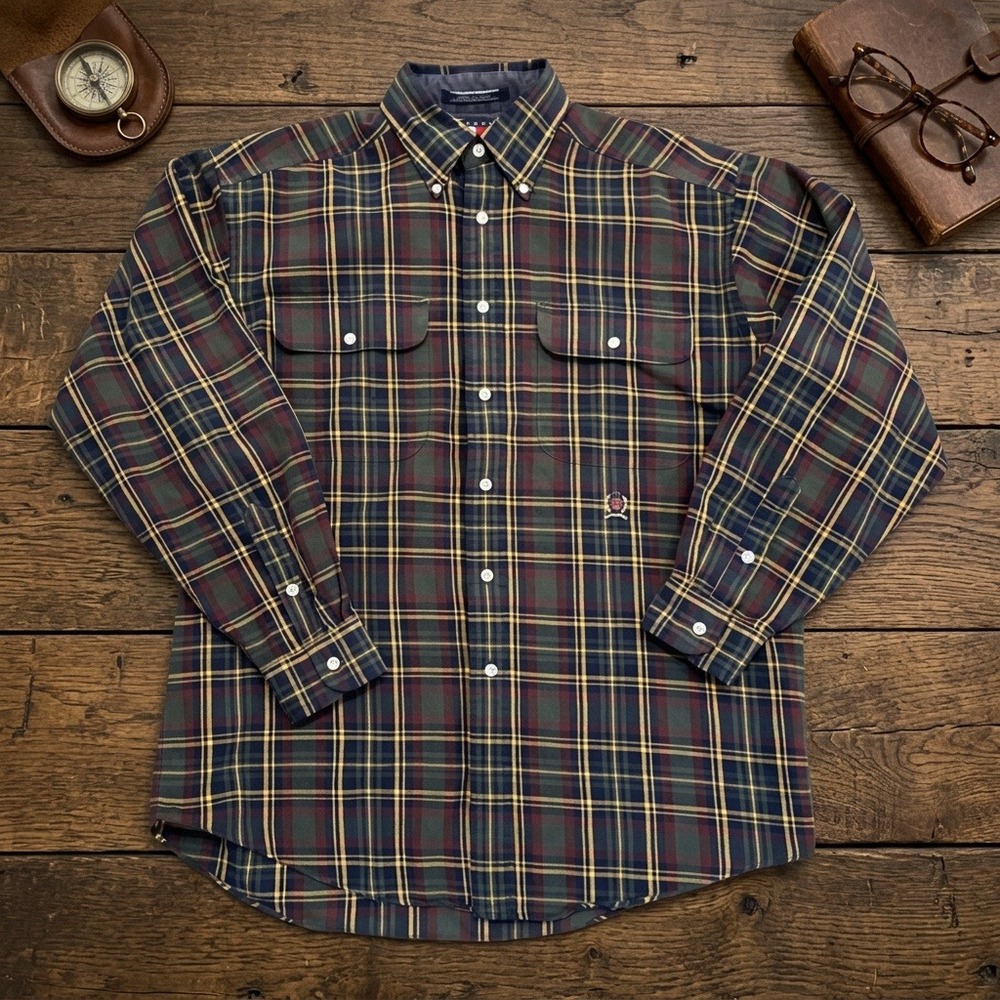 Vintage 90s Tommy Hilfiger Plaid Button Up Shirt Mens Medium Oversized Crest